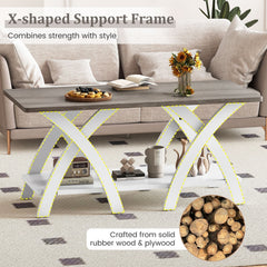 40 Inch Farmhouse Wooden Coffee Table with Storage Shelf with X-shaped Legs-Gray
