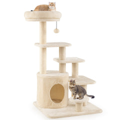 40 Inch Multi Level Cat Tower with Short Steps, Condo and Jingle Ball, Beige