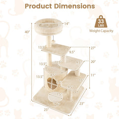 40 Inch Multi Level Cat Tower with Short Steps, Condo and Jingle Ball, Beige