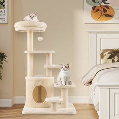 40 Inch Multi Level Cat Tower with Short Steps, Condo and Jingle Ball, Beige