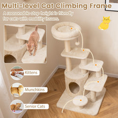 40 Inch Multi Level Cat Tower with Short Steps, Condo and Jingle Ball, Beige