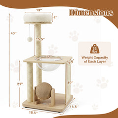 40 Inch Solid Rubber Wood Cat Tree with Space Capsule, Rotating Sisal Ball and Scratching Board, Natural