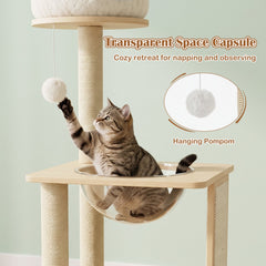 40 Inch Solid Rubber Wood Cat Tree with Space Capsule, Rotating Sisal Ball and Scratching Board, Natural