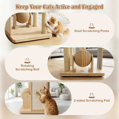 40 Inch Solid Rubber Wood Cat Tree with Space Capsule, Rotating Sisal Ball and Scratching Board, Natural