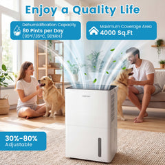 80 Pint Compressor Dehumidifier for 4000 Sq Ft, 1 Gallon Tank, Inside Drying, 42 dB, Child Lock, White