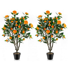 40 Inch Artificial Camellia Tree with 37 Flowers and River Stones in Pot-2 Pack