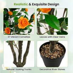40 Inch Artificial Camellia Tree with 37 Flowers and River Stones in Pot-2 Pack