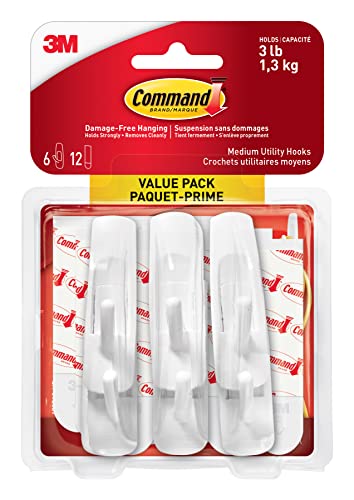 Command Utility Hooks Value Pack, Adhesive Hooks, Medium, 6 Wall Hooks 12 Medium Strips