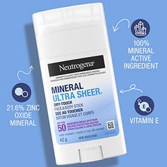 Neutrogena Mineral Ultra Sheer Dry-Touch Sunscreen Stick SPF 50 with Zinc Oxide & Moisturizing Vitamin E – Broad Spectrum Face & Body Protection, Water Resistant 80 Min, No White Residue – 42g