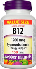 Webber Naturals Vitamin B12 Cyanocobalamin 1,200 mcg, Timed Release, 150 Tablets, Supports Energy Production and Metabolism, Gluten Free, Non-GMO, Vegan