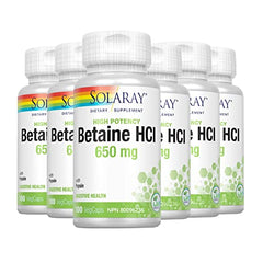 SOLARAY β Betaine HCI with Pepsin, 650mg | High Potency with Pepsin | Digestive Health | Dietary Supplement | Non-GMO, Vegan, Lab Verified | 100 Vegetarian Capsules | 6 - Pack