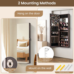 43.5 Inch Jewelry Mirror Cabinet with Full-length Mirror and Adjustable Hangers-Dark Brown