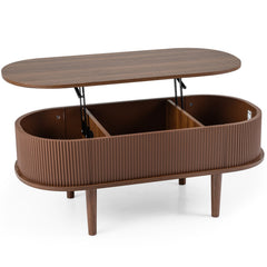 43.5 inches Oval Lift Top Coffee Table with Storage and Fluted Design for Living Room-Walnut