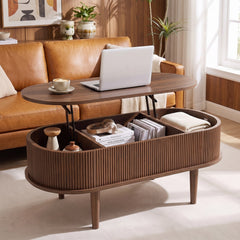 43.5 inches Oval Lift Top Coffee Table with Storage and Fluted Design for Living Room-Walnut