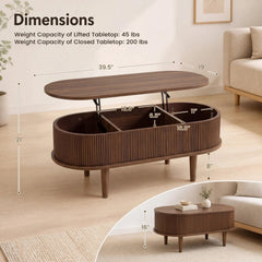 43.5 inches Oval Lift Top Coffee Table with Storage and Fluted Design for Living Room-Walnut