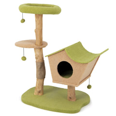 43 Inch Pear Wood Cat Tree with House Shaped Condo, 17 Inch Perch and Jute Posts, Green