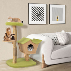 43 Inch Pear Wood Cat Tree with House Shaped Condo, 17 Inch Perch and Jute Posts, Green