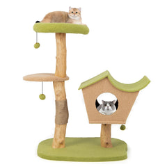 43 Inch Pear Wood Cat Tree with House Shaped Condo, 17 Inch Perch and Jute Posts, Green
