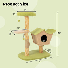 43 Inch Pear Wood Cat Tree with House Shaped Condo, 17 Inch Perch and Jute Posts, Green