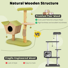 43 Inch Pear Wood Cat Tree with House Shaped Condo, 17 Inch Perch and Jute Posts, Green