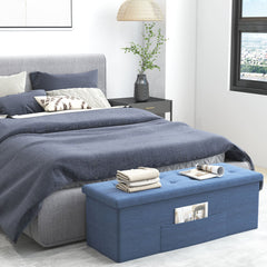 43 Inches Folding Storage Ottoman Bench Linen End of Bed Bench with Padded Seat-Navy