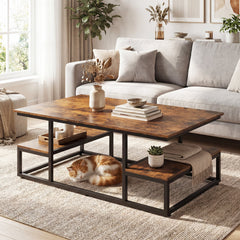 43 inches Rectangle Coffee Table with Storage and Open Shelves-Rusticbrown