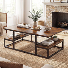43 inches Rectangle Coffee Table with Storage and Open Shelves-Rusticbrown