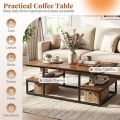 43 inches Rectangle Coffee Table with Storage and Open Shelves-Rusticbrown