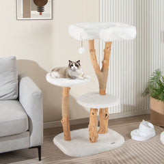 44 Inch Solid Pear Wood Cat Tree with 21 Inch Top Perch and Natural Jute Posts, White