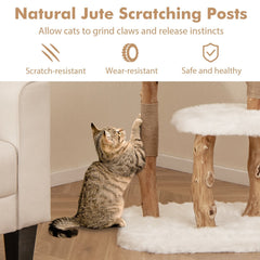 44 Inch Solid Pear Wood Cat Tree with 21 Inch Top Perch and Natural Jute Posts, White