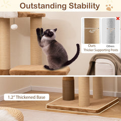 44 Inch Modern Cat Tree with 25.5 Inch Faux Rabbit Fur Perch, Self Groomer and 4.5 Inch Posts, Coffee
