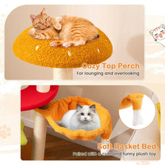 46 Inch Hamburger Cat Tree with Basket Bed, Flower Condo and 5 Sisal Posts, Yellow