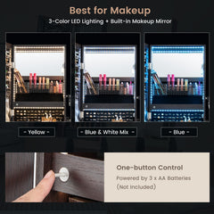 47 Inch Lockable Jewelry Cabinet Armoire with 3-Color LED Lights-Brown