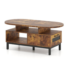 47 Inch Oval Coffee Table with Storage and Open Compartments for Living Room-Rustic Brown