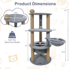 47 Inch Cat Tower with Rotatable Basket Bed, Deep Nest and Scratching Ball, Gray