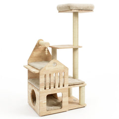 48.5 Inch Solid Rubber Wood Cat Tree with House Shaped Condo, 3 Entry Holes and Sisal Posts, Beige