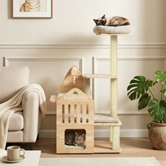48.5 Inch Solid Rubber Wood Cat Tree with House Shaped Condo, 3 Entry Holes and Sisal Posts, Beige