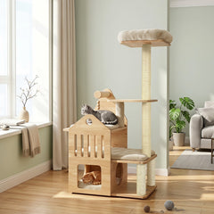 48.5 Inch Solid Rubber Wood Cat Tree with House Shaped Condo, 3 Entry Holes and Sisal Posts, Beige