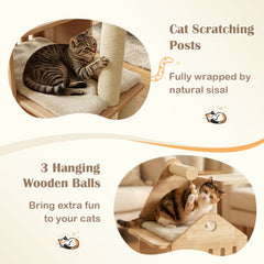 48.5 Inch Solid Rubber Wood Cat Tree with House Shaped Condo, 3 Entry Holes and Sisal Posts, Beige