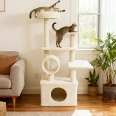 48 Inch Kitten Tower with Large Condo, Cylinder Tunnel and Padded Top Perch, Beige