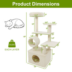 48 Inch Kitten Tower with Large Condo, Cylinder Tunnel and Padded Top Perch, Beige