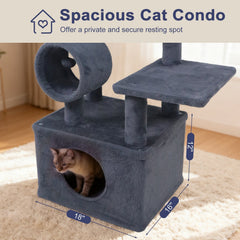 48 Inch Grey Cat Tree with 18 Inch Condo, Padded Tunnel and Anti Toppling Device