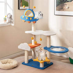 49 Inch Space Themed Cat Tree with UFO Top Perch, Transparent Capsule and Hammock, Blue