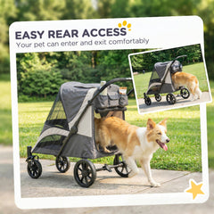 Foldable Pet Stroller for Medium Dogs with Four Big Wheels, Shock-Absorbing Frame, Safety Leashes, Brakes, Black
