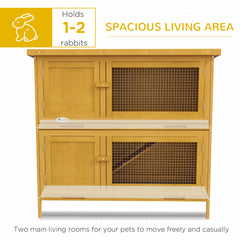 Wood Rabbit Hutch with 2 Large Main House, Ramp, Trays, Grey