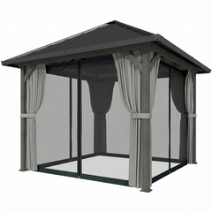 10' x 10' Hardtop Gazebo with Galvanized Steel Roof, Permanent Garden Gazebo with Netting and Curtains