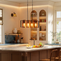Farmhouse Kitchen Island Lighting, Linear Pendant Light with 4 Rotatable Frames and Adjustable Height, Black