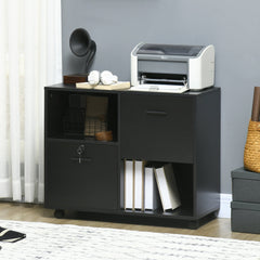 Mobile Printer Stand, Lateral File Cabinet with Lock, Filing Cabinet with Hanging Bars for Letter, A4 Size, Black