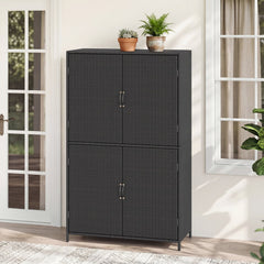 4-Door Rattan Vertical Storage Shed with Adjustable Shelves-Black