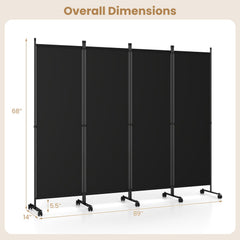 4-Panel Room Divider with Lockable Wheels for Living Room-Black